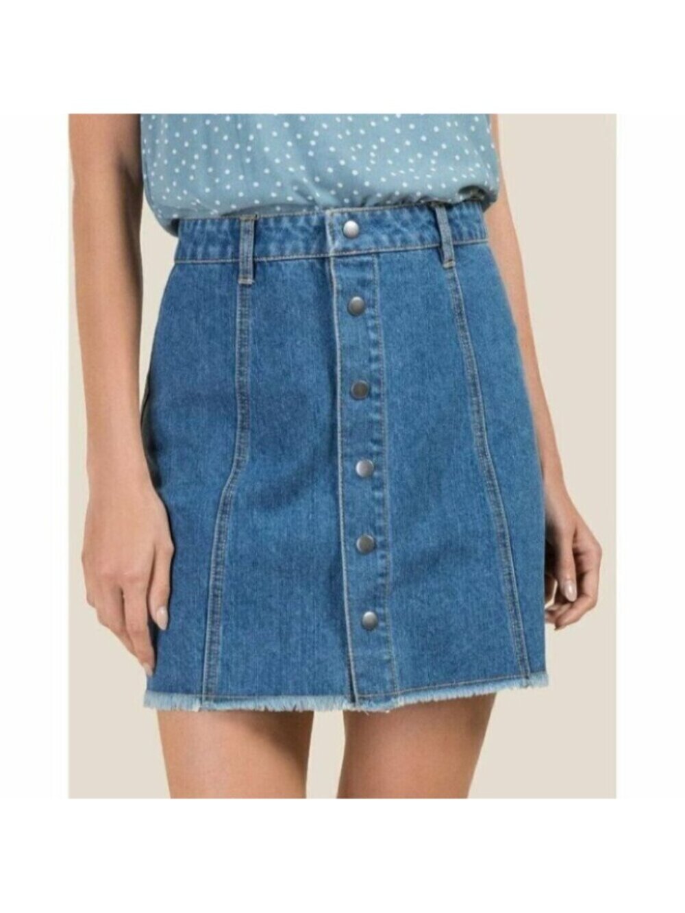 Harper Snap Front Raw Hem Denim Mini Skirt Size Medium